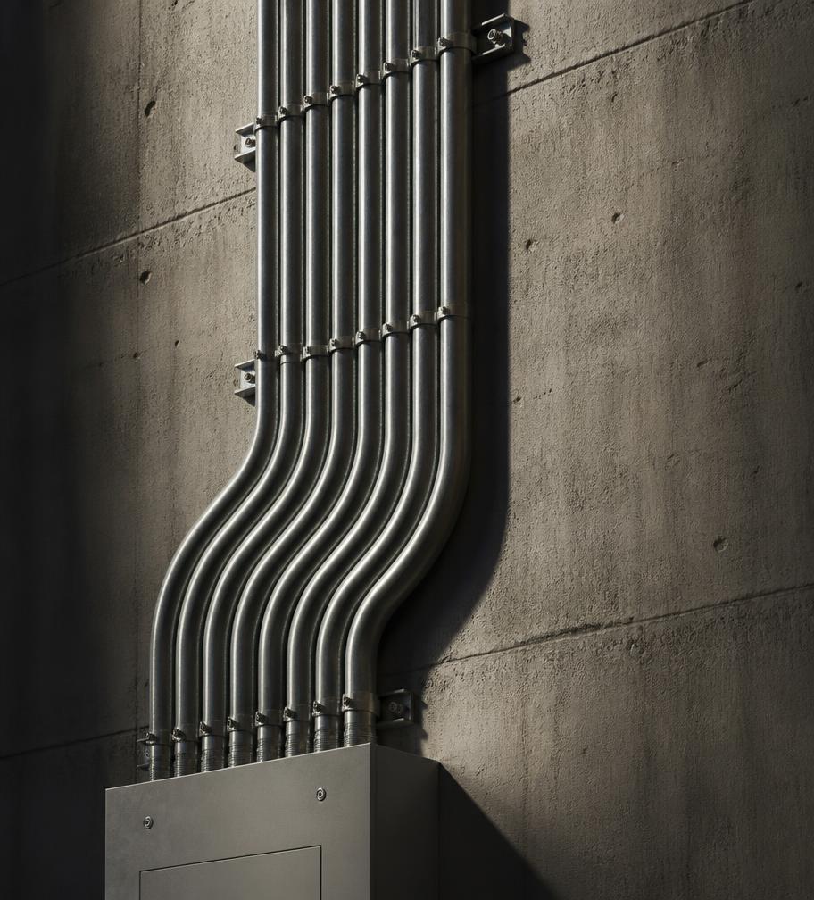 Conduit risers sweeping into a wall-mounted enclosure