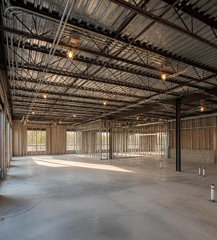 Commercial building shell with lighting and conduit rough-in